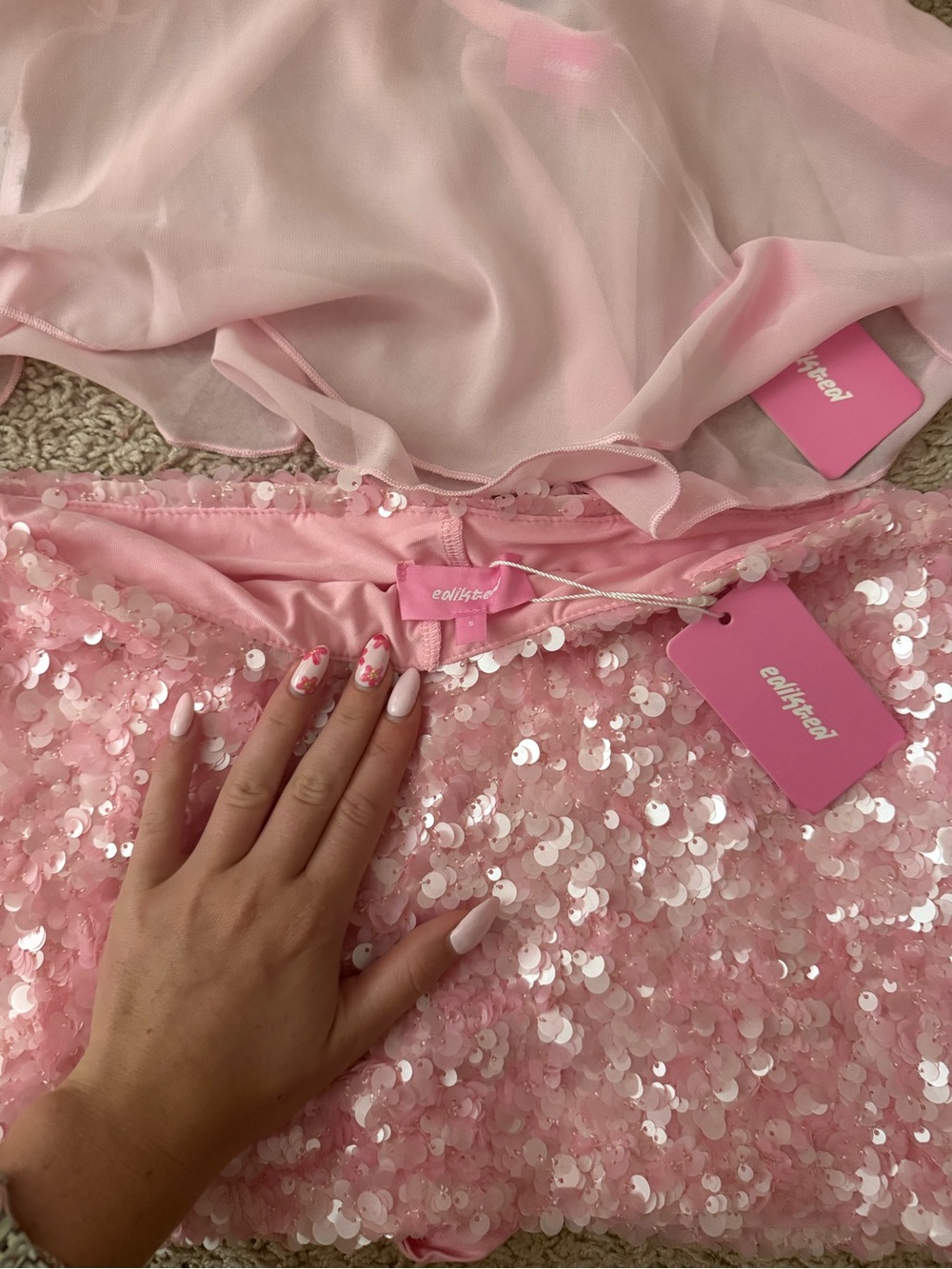 Edikted Pink Sequin Two-Piece Babydoll Top & Skirt - Picture 3 of 7